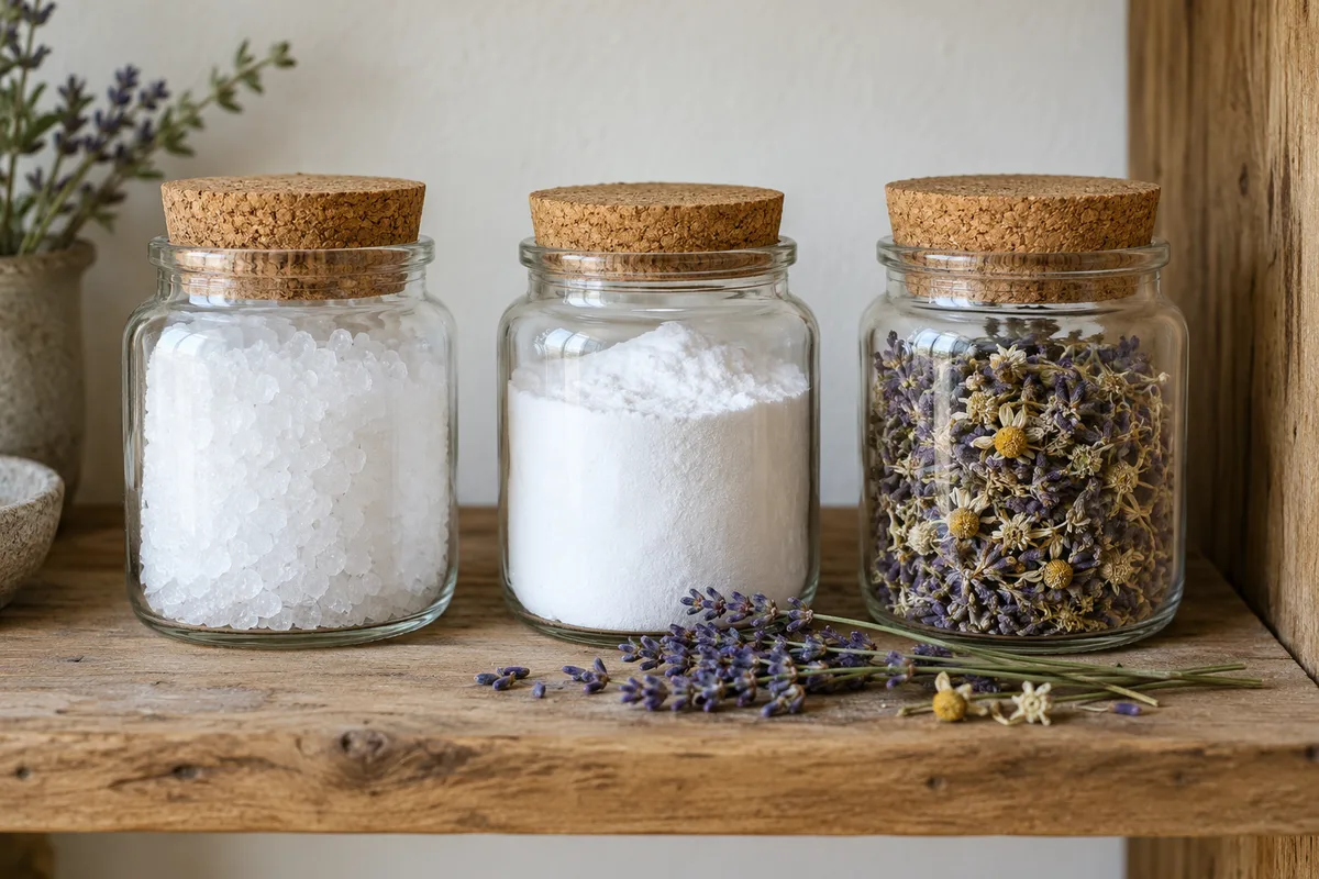 Bocaux en verre remplis de gros sel, de bicarbonate et de fleurs séchées sur une étagère en bois