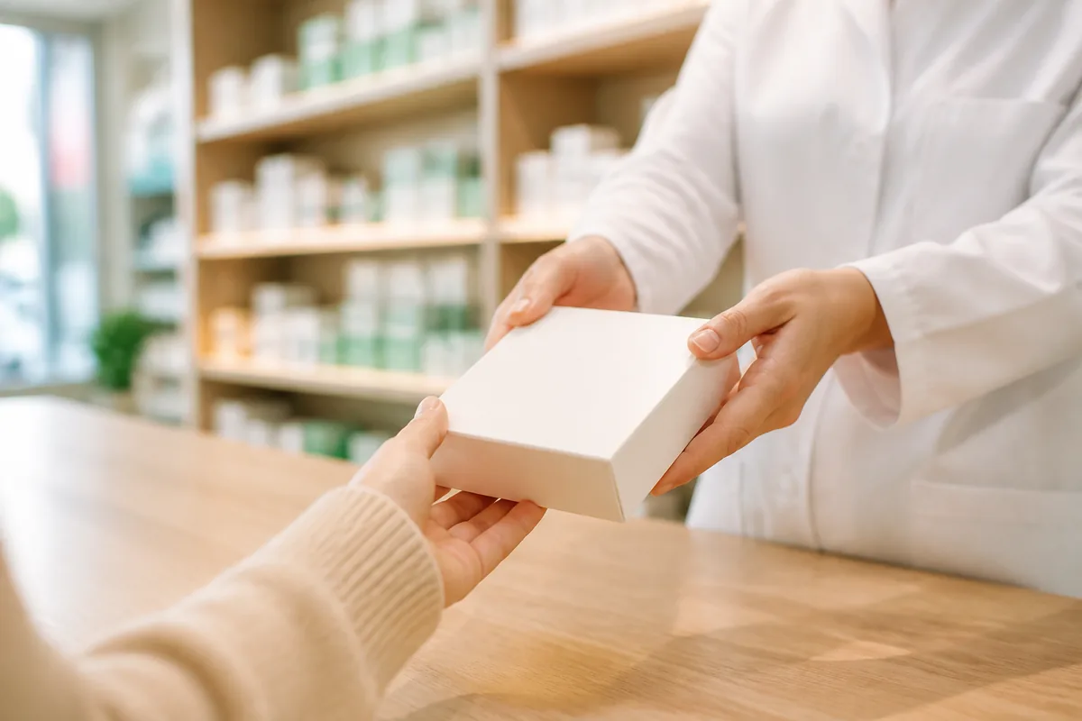 Rayon de compléments alimentaires dans une officine, mains d&rsquo;un pharmacien tendant une boîte au comptoir