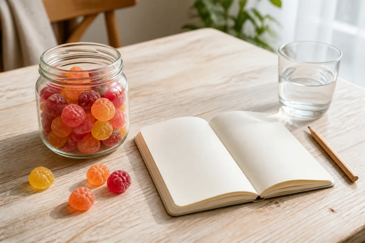Bocal de gummies colorés posé près d&rsquo;un carnet ouvert et d&rsquo;un verre d&rsquo;eau sur une table claire