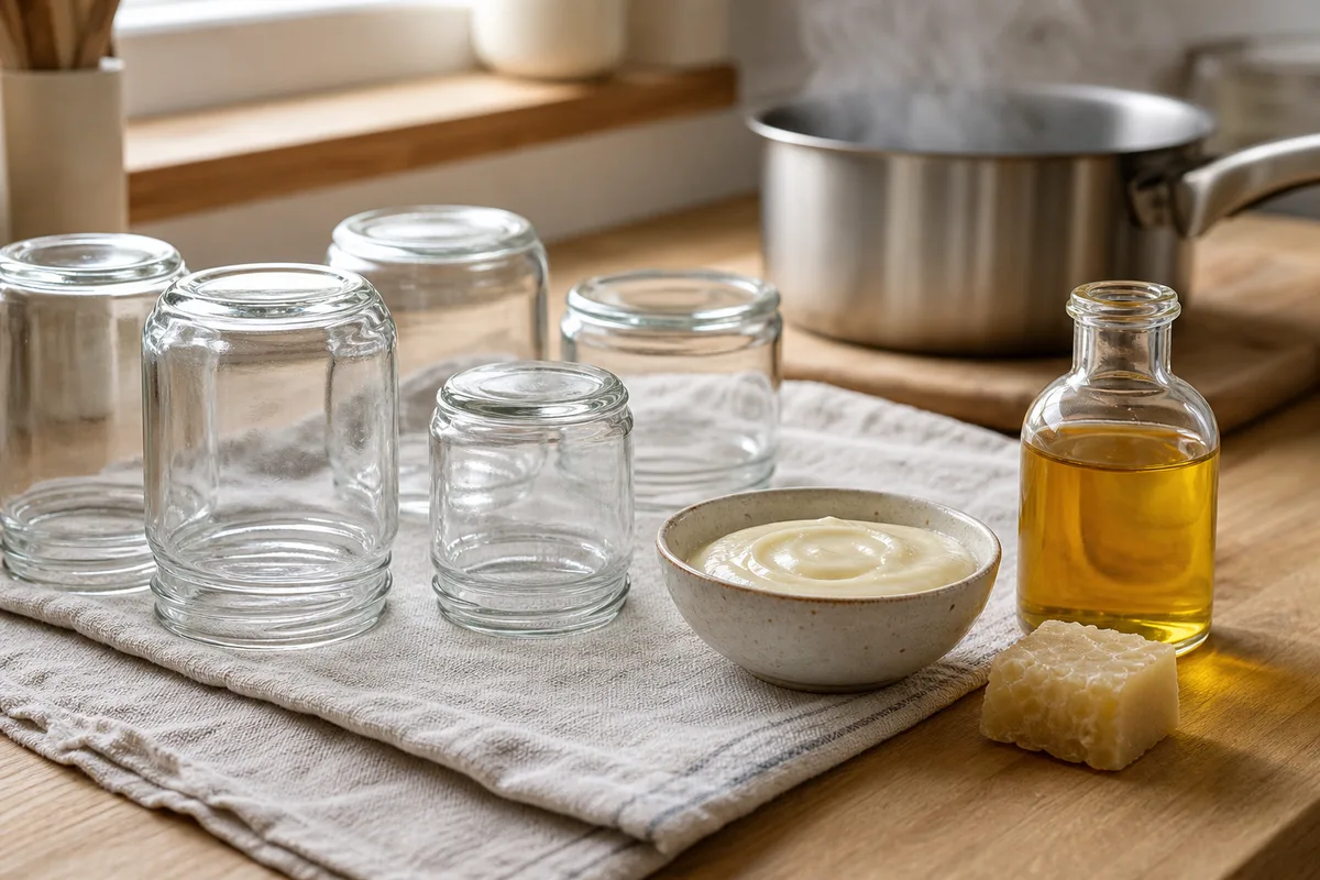 Plan de travail de cuisine avec pots en verre stérilisés, crème blanche maison et ingrédients naturels