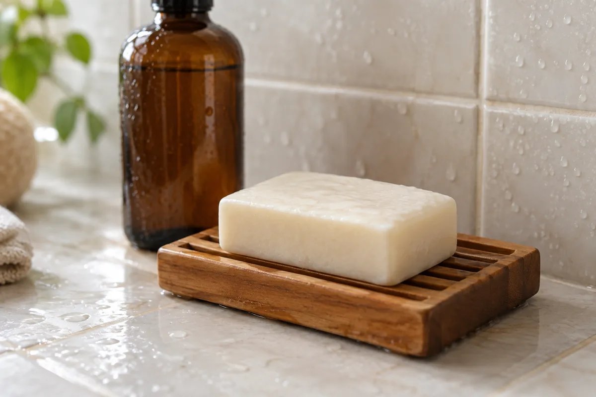 Savon solide ivoire posé sur un porte-savon en bois près d&rsquo;un flacon en verre ambré uni, dans une douche en carrelage clair