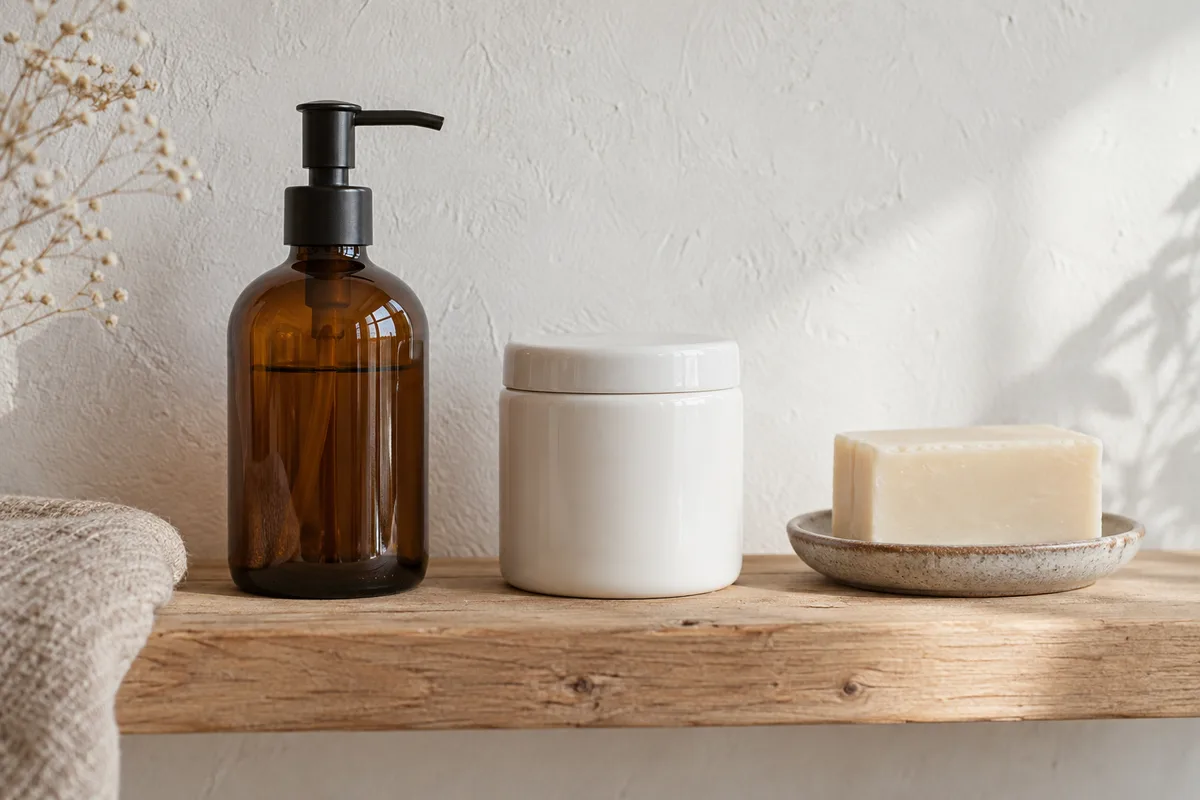 Trois lavants alignés sur une étagère en bois : un flacon en verre ambré, un pot en céramique et un savon ivoire