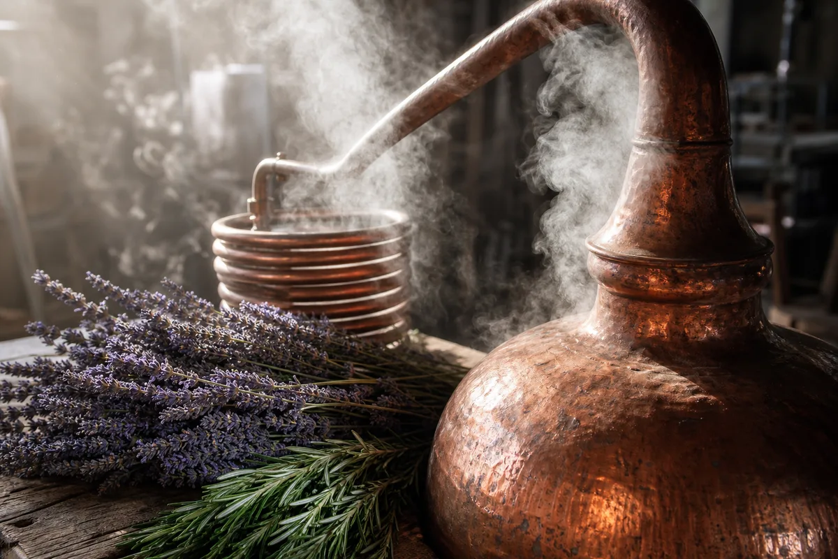 Alambic en cuivre artisanal distillant des plantes fraîches dans un atelier lumineux