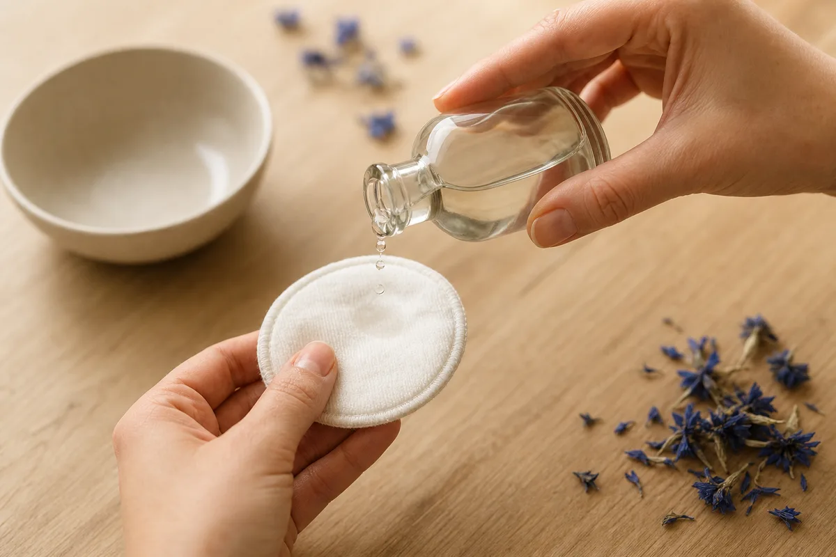 Mains versant un hydrolat depuis un flacon en verre transparent sans étiquette sur un disque de coton lavable
