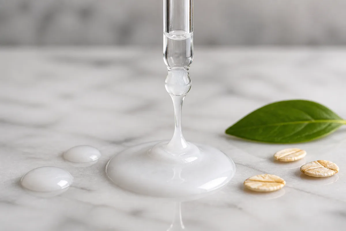 Pipette en verre déposant une goutte de sérum lacté sur une surface de marbre clair