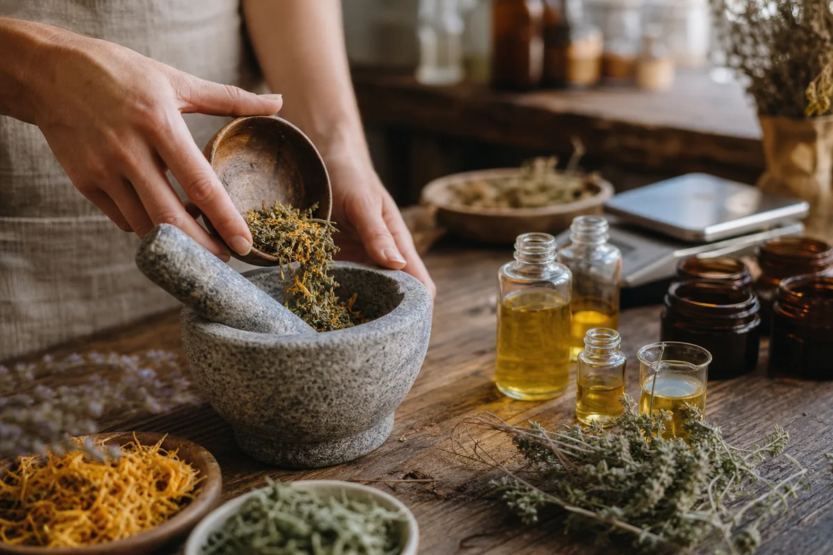 Mains préparant un mélange de plantes séchées et d’huiles végétales pour cosmétique naturelle