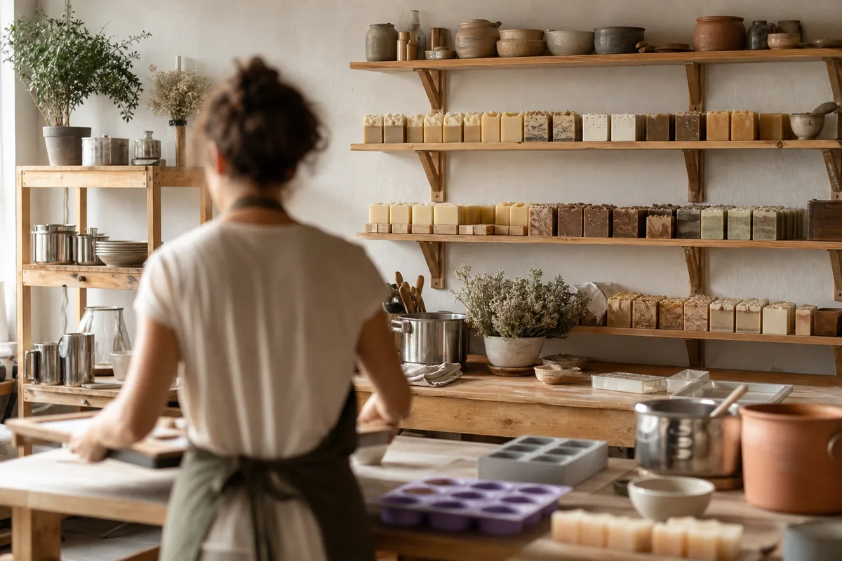 Atelier de fabrication de cosmétiques naturels avec savons artisanaux en cure et ustensiles