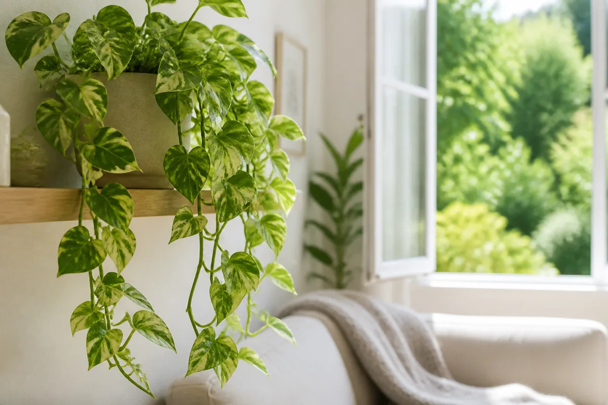 Salon lumineux avec un grand pothos retombant d&rsquo;une étagère en bois clair et une fenêtre entrouverte sur un jardin