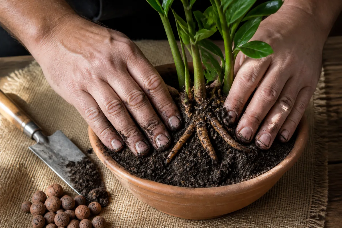 Mains adultes tassant du terreau autour d&rsquo;un zamioculcas rempoté sur une table en bois, lumière naturelle latérale