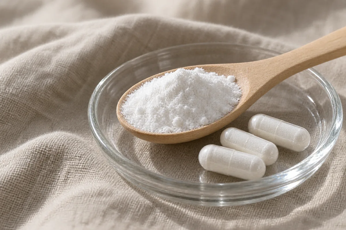 Gélules blanches translucides et poudre fine de magnésium dans une cuillère en bois sur une soucoupe en verre