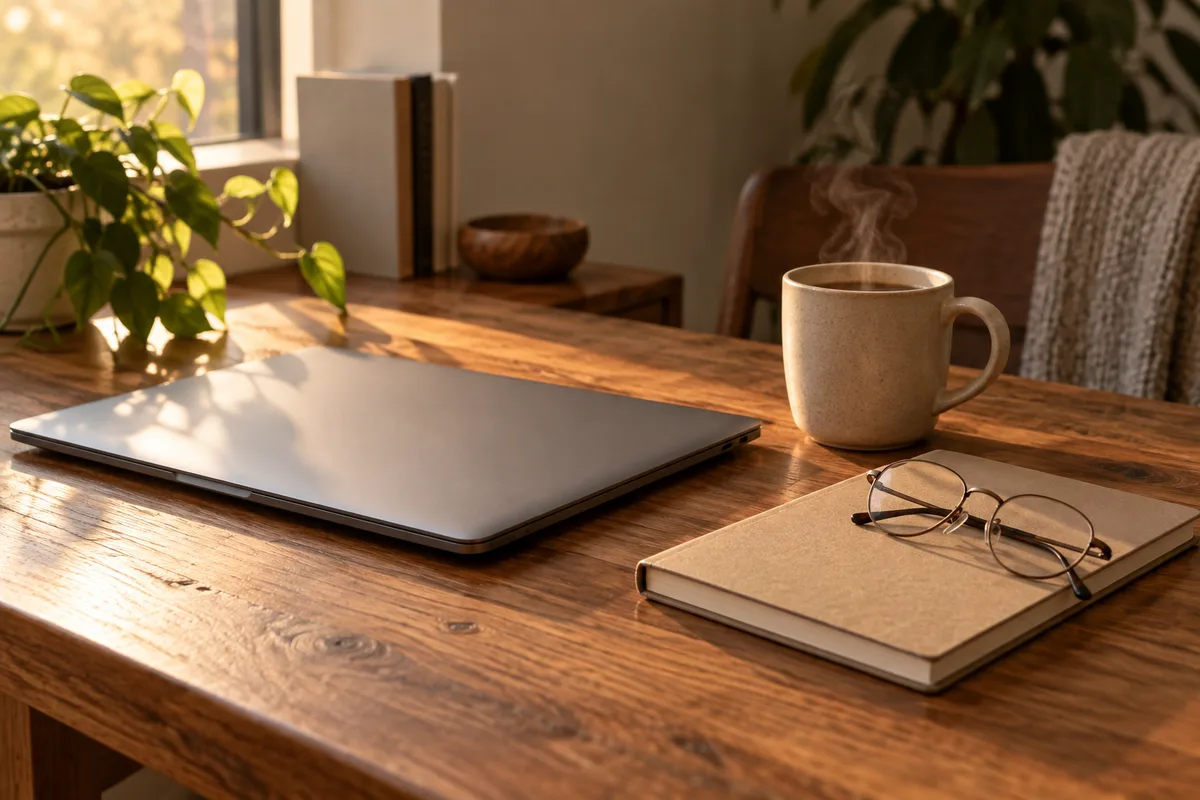 Bureau en bois avec ordinateur portable fermé, tasse en céramique, carnet et lunettes en fin de journée