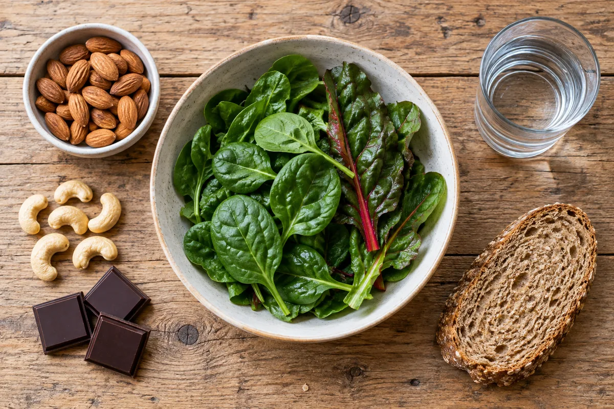 Assiette de légumes verts, amandes, noix de cajou, chocolat noir et pain complet sur une table en bois