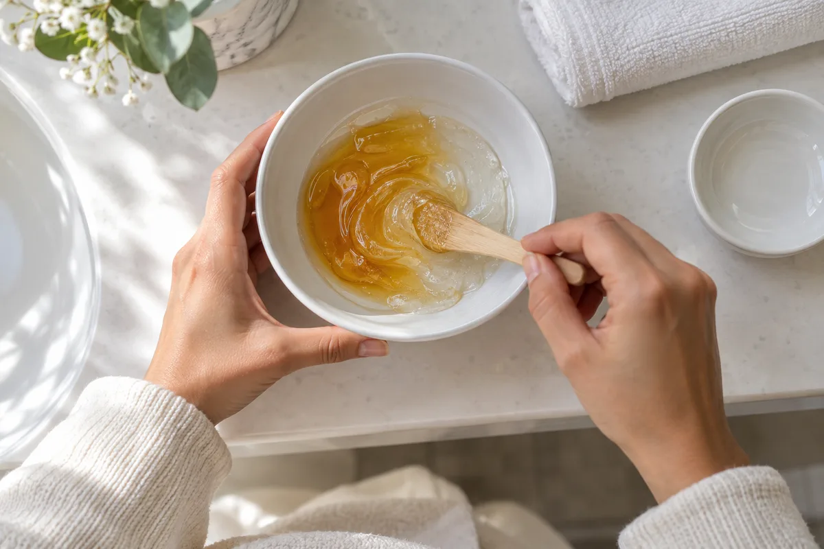 Mains en manches de coton mélangeant du miel et un gel clair dans un bol en céramique avec une spatule en bois