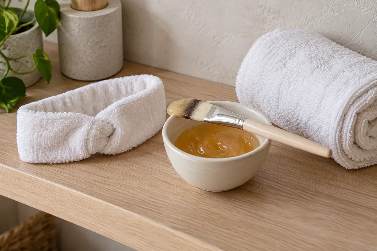 Bol de préparation couleur miel, pinceau plat de soin posé sur le bord, bandeau en éponge et serviette roulée sur une tablette en bois