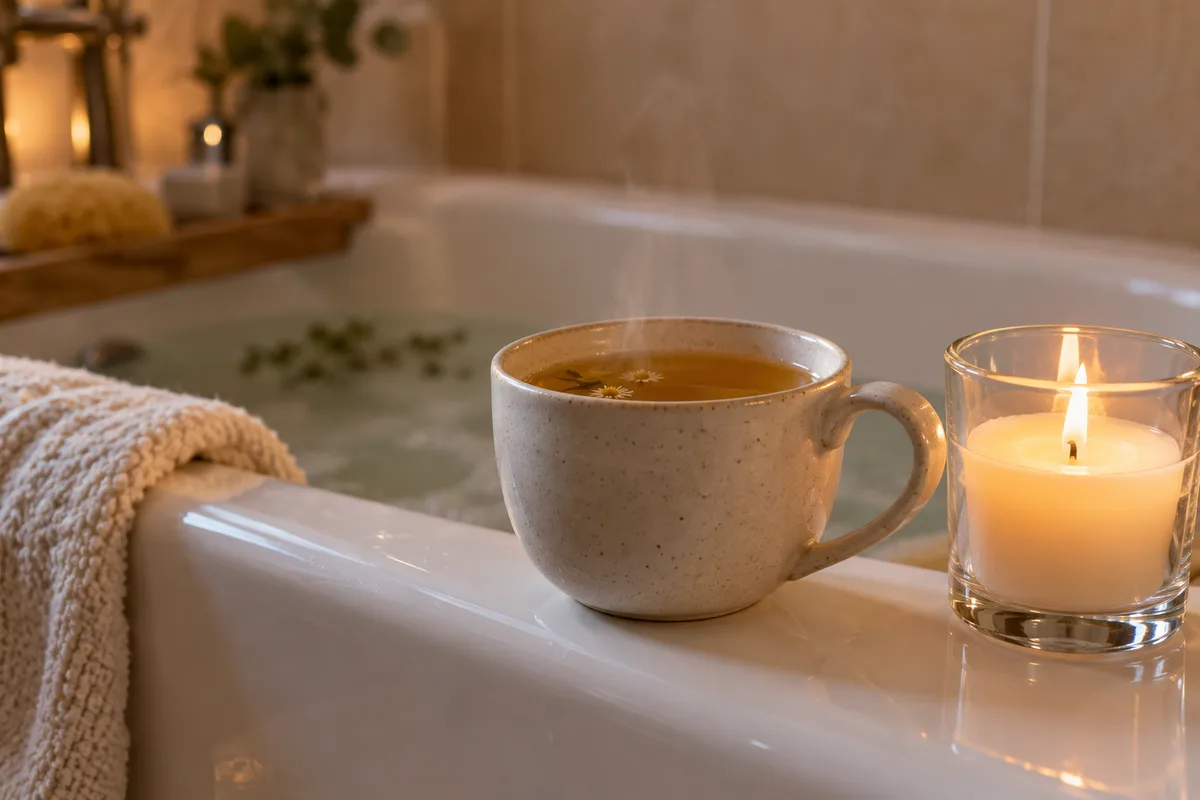 Tasse de tisane et bougie allumée sur le rebord d&rsquo;une baignoire dans une ambiance calme