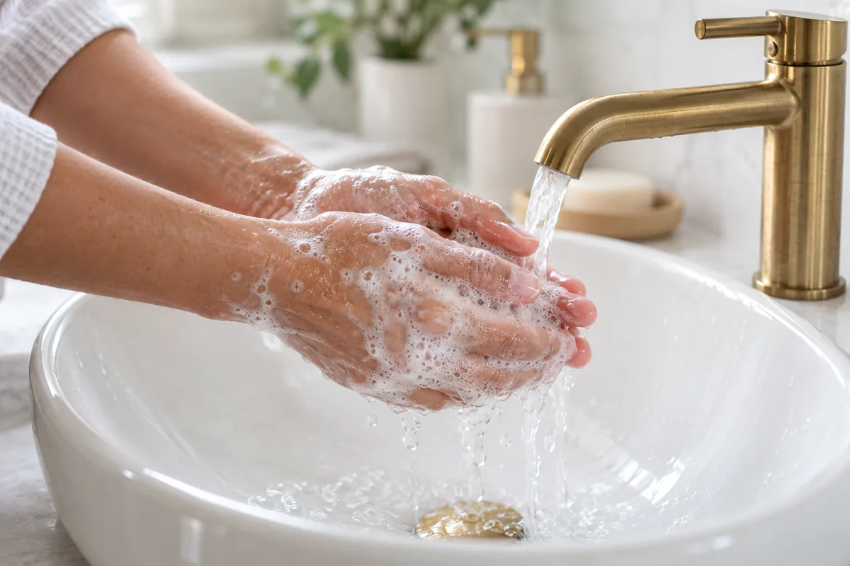 Mains couvertes de mousse de savon sous un robinet en laiton au-dessus d&rsquo;une vasque