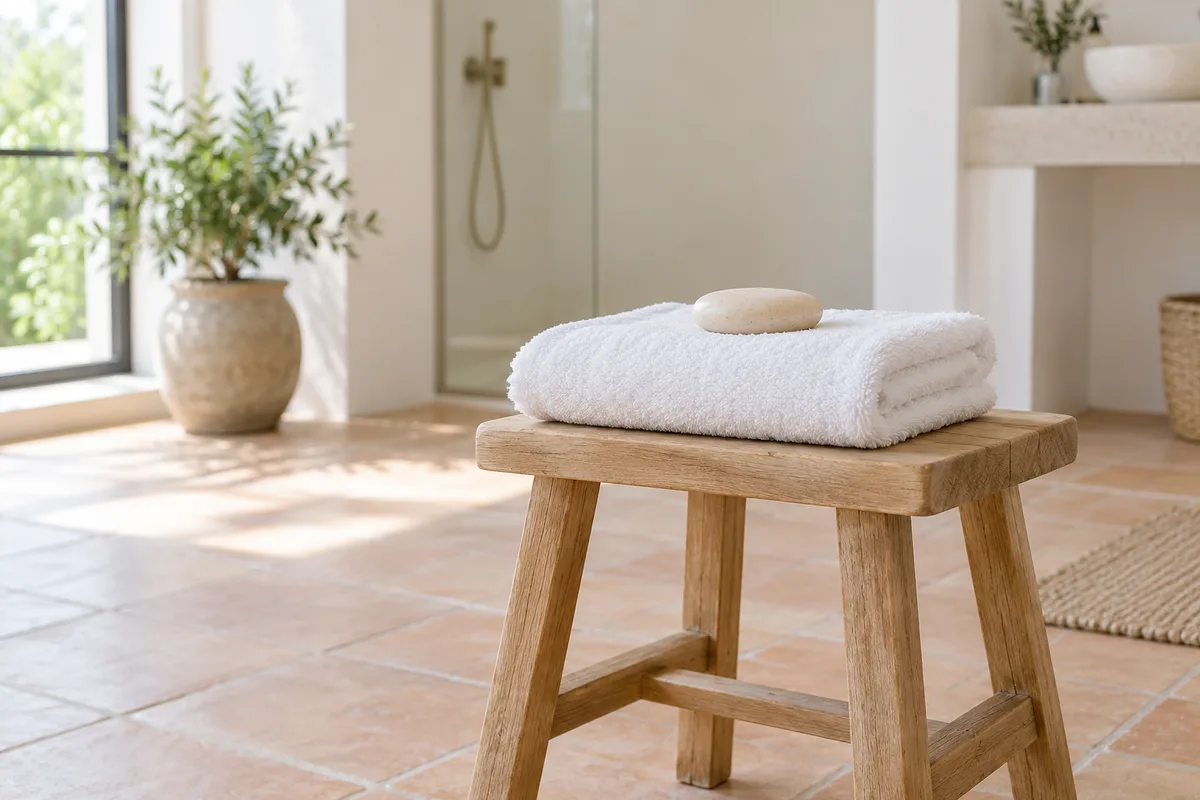 Serviette éponge pliée et galet de savon sur un tabouret en bois dans une salle d&rsquo;eau lumineuse