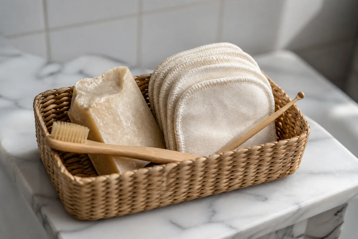 Plan rapproché d&rsquo;un panier en osier posé sur un rebord de lavabo, contenant un savon solide, une brosse à dents à manche en bois et des lingettes lavables en coton écru