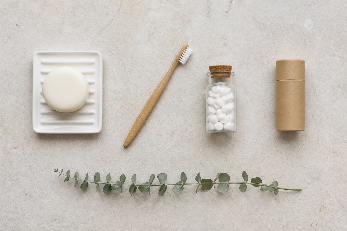Vue de dessus d&rsquo;un plan de lavabo en pierre claire avec quatre objets alignés : un porte-savon drainant, une brosse à dents à manche bois, un pot en verre et un stick déodorant en carton