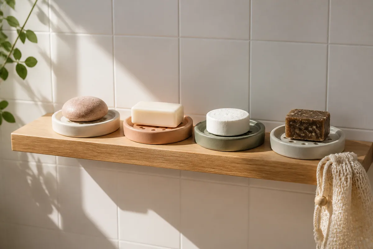 Étagère de salle de bain en bois clair avec plusieurs galets de savon et de shampoing solide posés sur des porte-savons drainants en céramique, lumière naturelle latérale