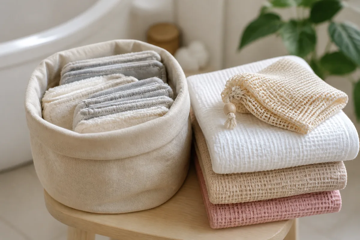 Panier en tissu contenant des lingettes démaquillantes lavables pliées, posé près d&rsquo;une pile de serviettes en coton naturel dans une salle de bain lumineuse